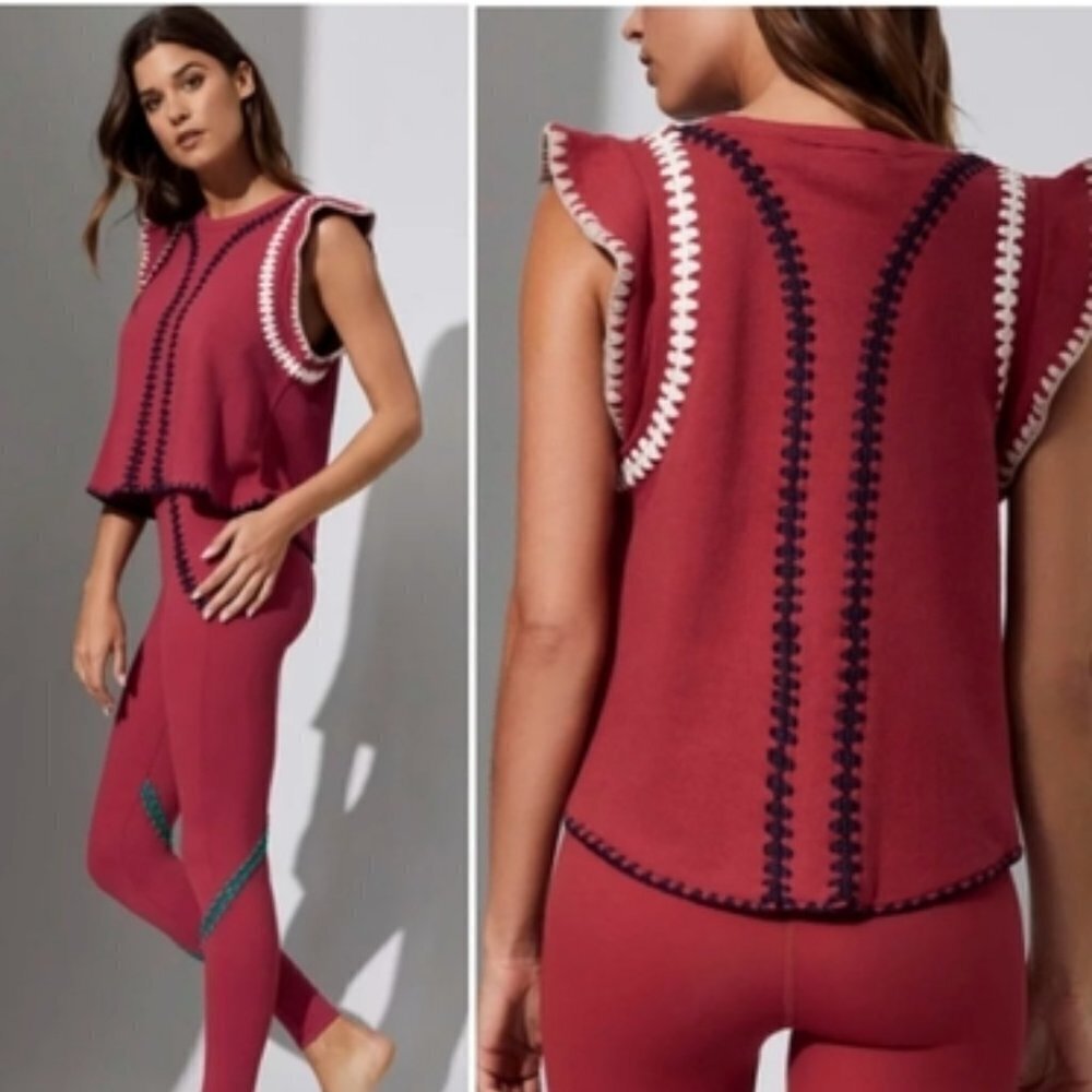 Carbon38 Flutter Sleeve Crochet Activewear Top